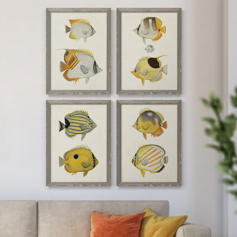 Jaune et gris poisson I, toile encadrée de qualité supérieure - prête à être accrochée, H 20 po x l 68 po x P 1,5 po, gris