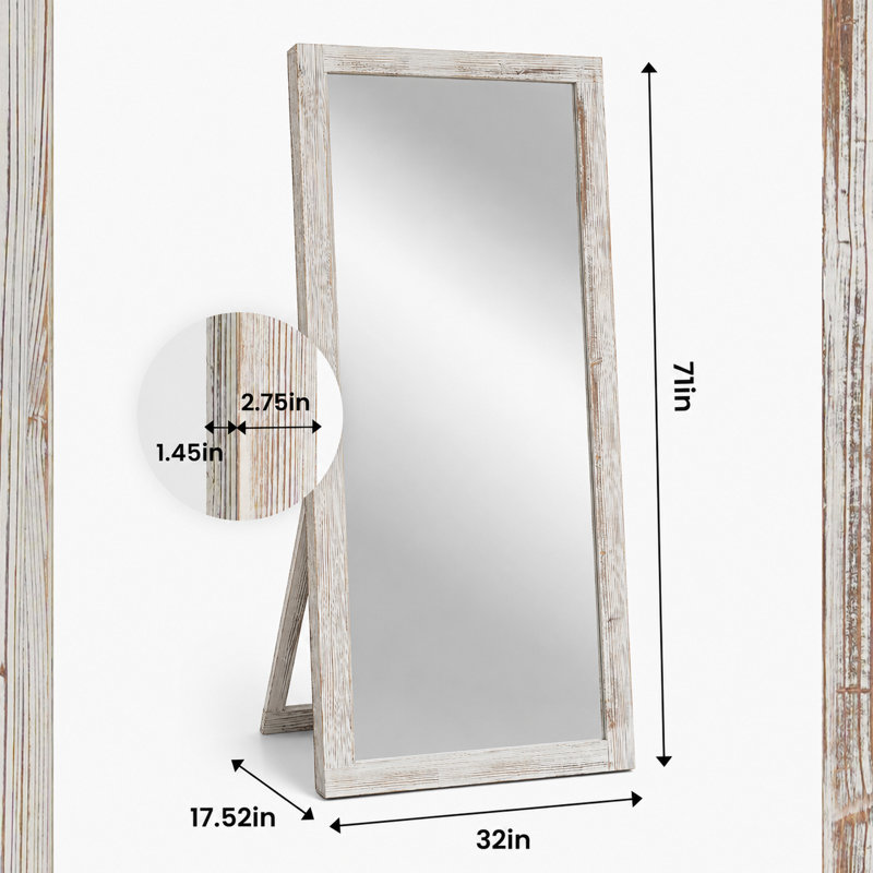 Elegant Full-Length Mirror With Washed White Frame - Durable Pine Wood, Freestanding Or Wall-Mounted Versatility For Bedroom, Living Room, And Entryway Decor