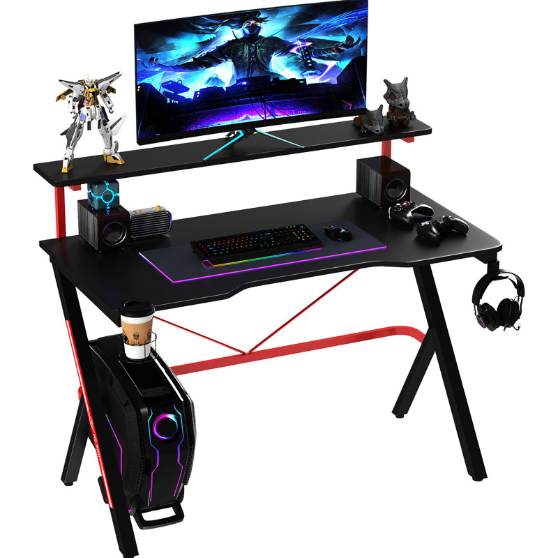Bureau de jeu de 46,71 po de hauteur - structure en forme de K pour un bureau stable et élégant, poste de travail noir spacieux et fonctionnel de 47 po