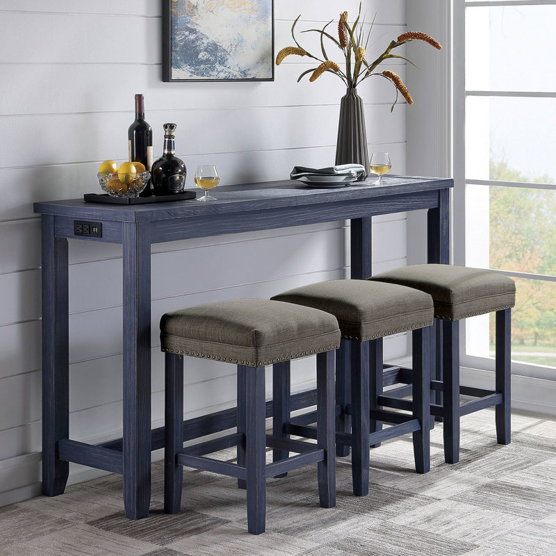 Table de salle à manger rectangulaire 4 pièces de style transitionnel, 1 et 3 tabourets, fabrication en bois massif, couleur bleu / gris antique, siège rembourré avec garniture cloutée et prise de courant pour placage