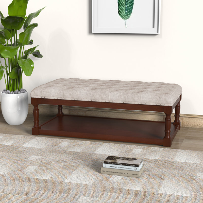 Natural Linen Tufted Cocktail Ottoman with Brown Wooden Frame