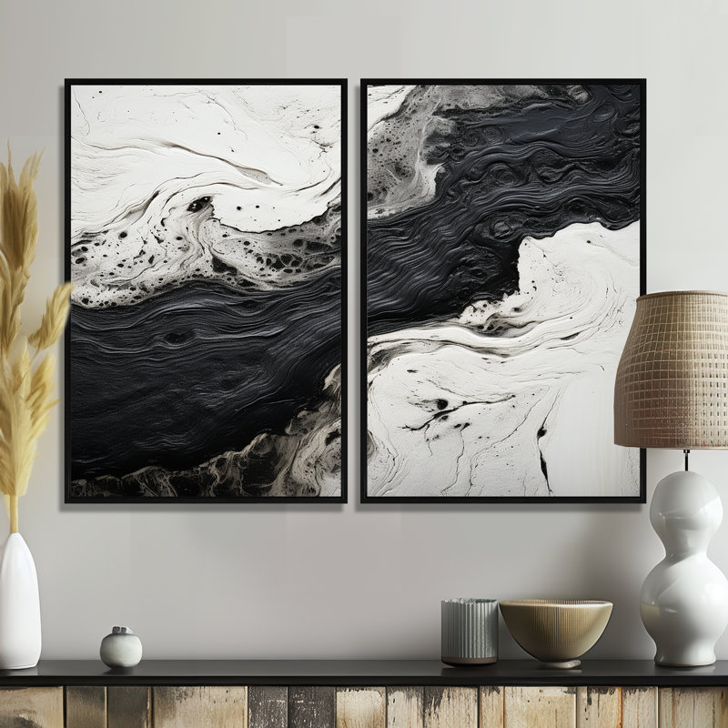 Black And White Paint River I - Black Art Prints On Canvas, 36" H x 48" W, Impression encadrée flottante, Black