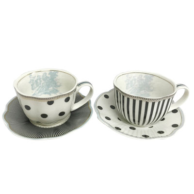Tasses et soucoupes en porcelaine à motif toile de Jouy bleu marine, lot de 2