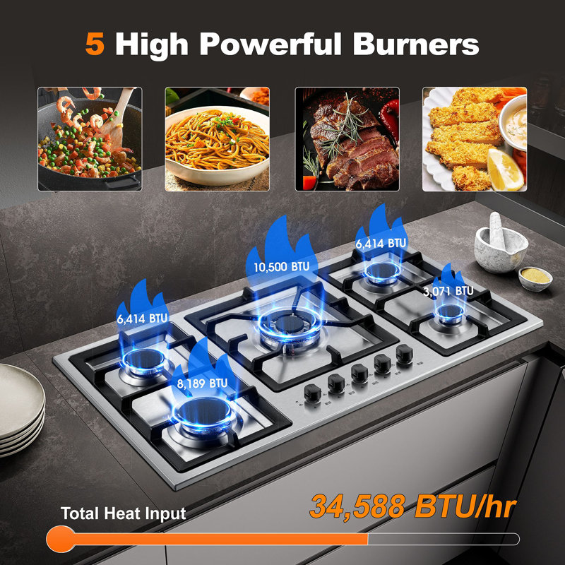 SNDOAS 20" 22" 24" 30" 36" 40" 48" 60" Matte Black and Stainless Steel Smart Liquid Propane and Natural Gas 5 Burner Cooktop with Dual Size Power Burner and with Downdraft Ventilation