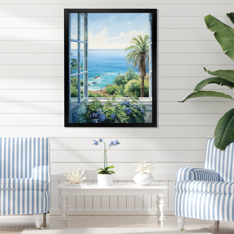«Tropical Windows To The Beach I» - art mural de fenêtres côtières, H 20 po x l 12 po x P 1 po, Cadre simple noir