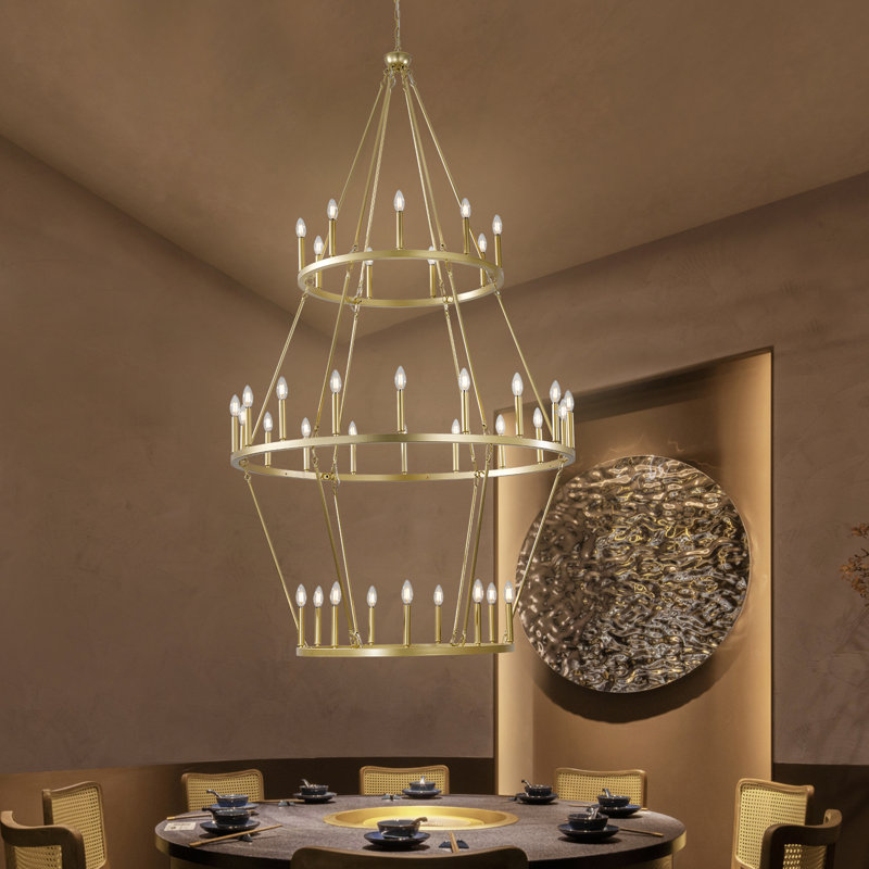 3 Tier Wheel-Shaped chandelier with E12 Base Bulb and 36 Lights, Gold