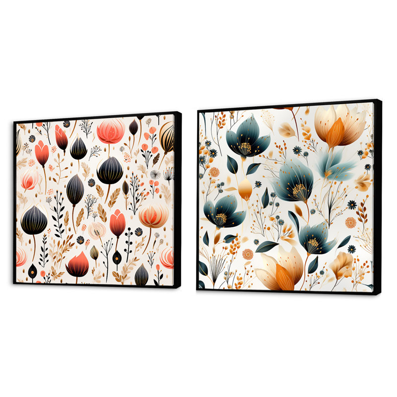 Ensemble de 2 collages carrés botaniques abstraits, Cadre flottant noir, H 16 po x l 33 po