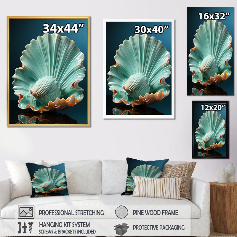 Décoration murale palourde verte «Ocean Treasures I», Cadre simple blanc, H 32 po x l 24 po x P 1 po