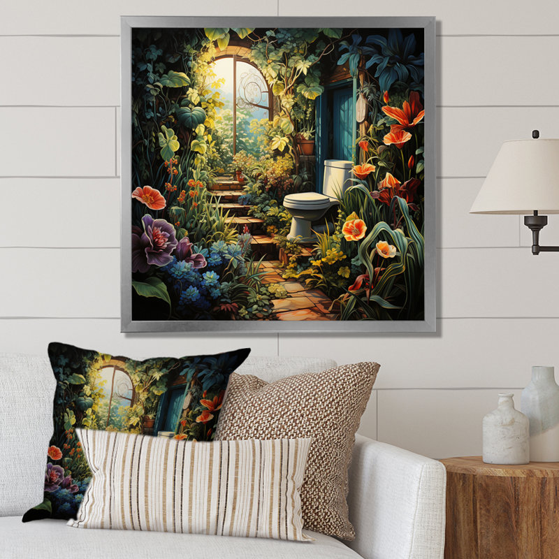 Garden Oasis Toilet - Bath & Laundry Wall Art Prints, H 16 po x l 16 po x P 1 po, Cadre simple argenté