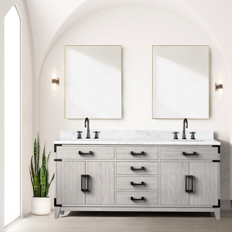 Meuble-lavabo en chêne blanc avec plateau en marbre et tiroirs bien conçus de 72 po Étagère à double console