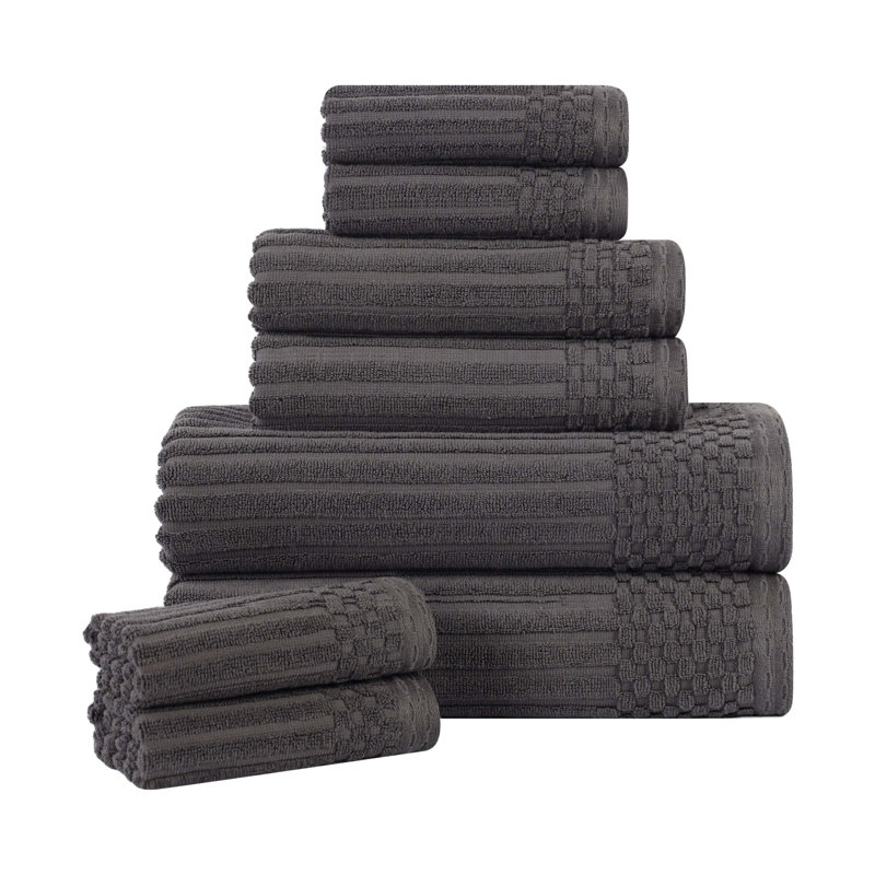 Collection de serviettes à bordure à carreaux en coton 8 pièces Soho Spa, Gris foncé, Ensemble de serviettes 8 pièces