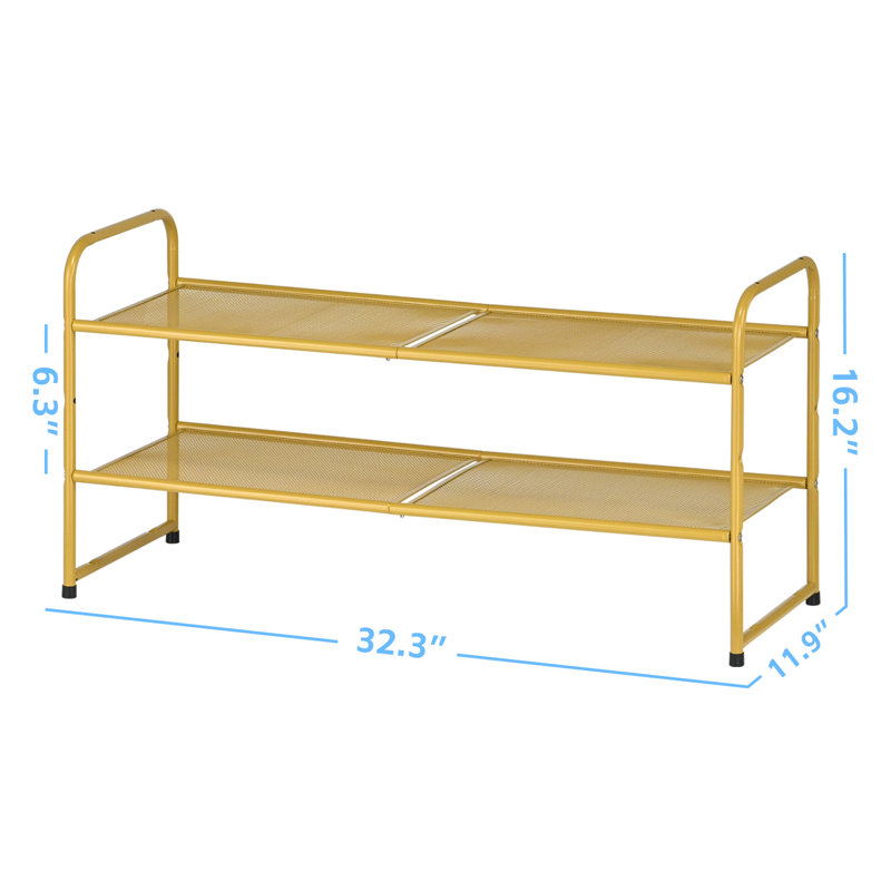 32'' Wide 2-Tier Metal Mesh Shoe Rack for Closet, Stackable and Adjustable, Good for High Heels, Gold