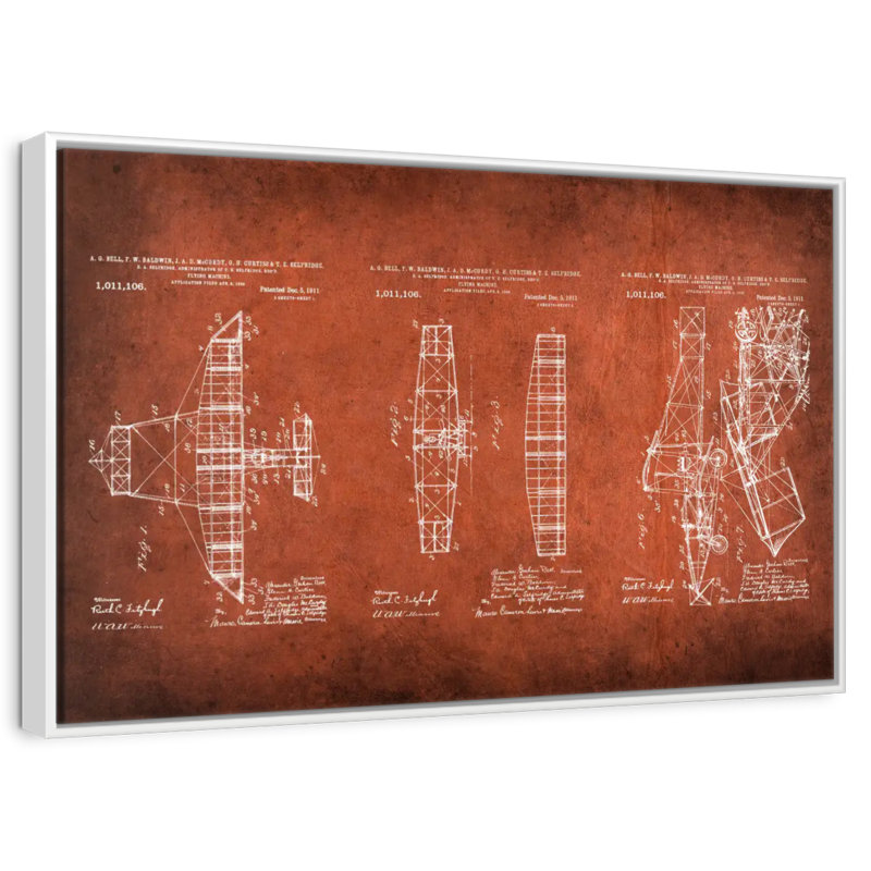 Red Airplane Blueprint, 46" X 31", Floating Frame White