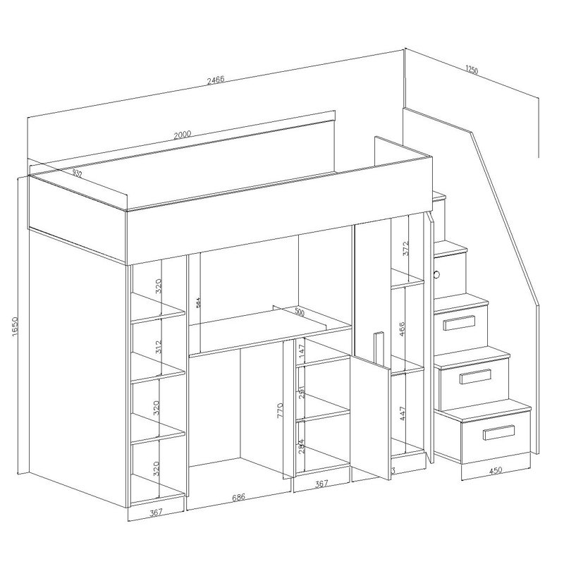 Farrar European Single (90 X 200 Cm) Loft Bed Mate's & Captain's with Storage Included with Desk Included, White/Black