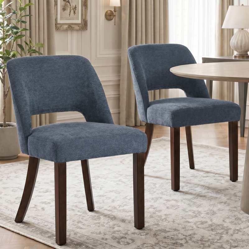 Modern Chenille Upholstered Dining Chair with Solid Wood Legs, Mid-Century Dining Side Chair for Kitchen & Dining Room, Blue