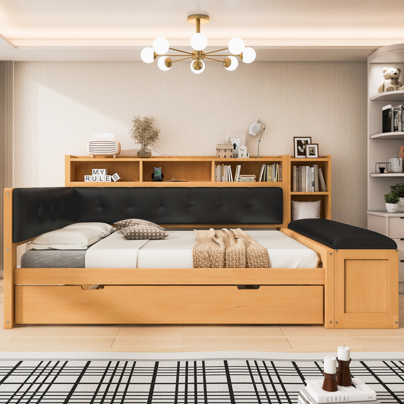 Full Size Wood Daybed with Trundle, Storage Shelves, Bench & Charging Station, Upholstered Headboard – Natural Color + Black Cushion