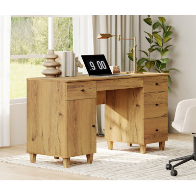 58" Executive Desk With 4 Drawers And 1 Door, Modern Farmhouse Home Office Computer Table With Charging Station, Keyboard Tray