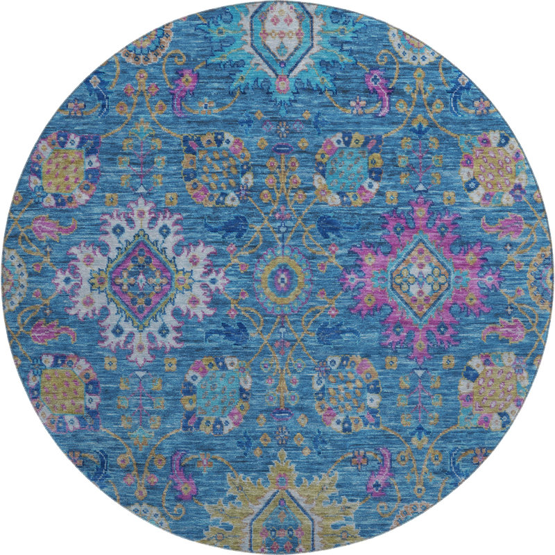 Premium Machine Washable Mayfield AMF2151 medallions Rug, Blue, Round 8'