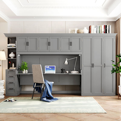Roomfitters Twin Size Wall Murphy Bed with Wardrobe, Cabinet & Foldable Desk, Gray