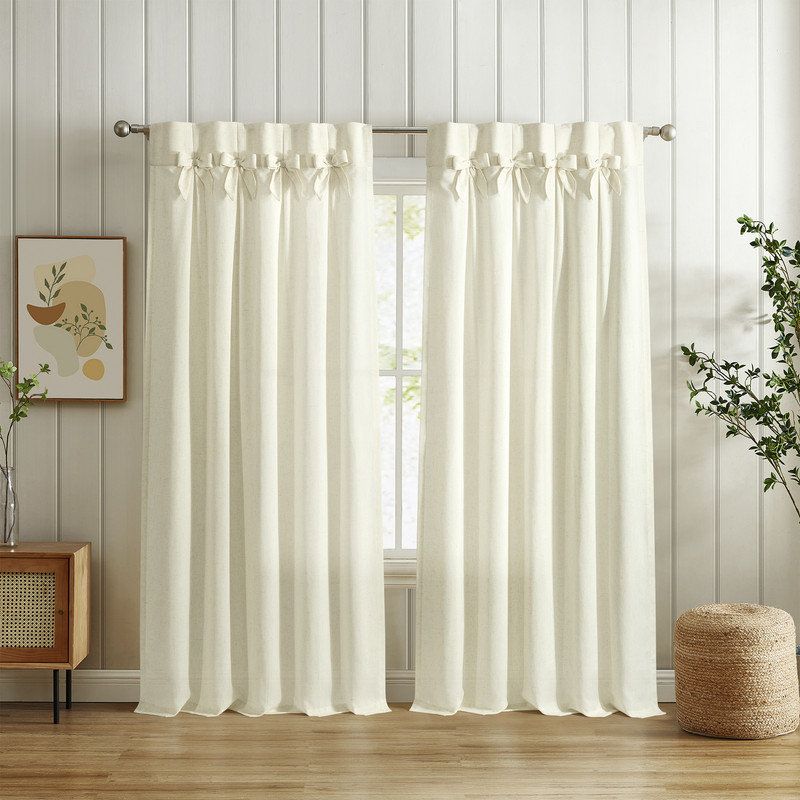 Rideaux en lin semi-transparents Dines avec pattes arrière et nœuds, 2 panneaux