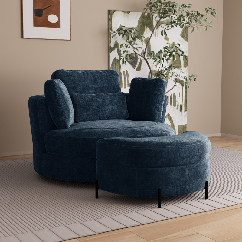 49.6" W Oversized Modern Swivel Accent Chair With Pillows And Ottoman, Navy
