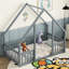 Lit simple en bois en forme de maison avec clôture, garde-corps, gris-1330042106