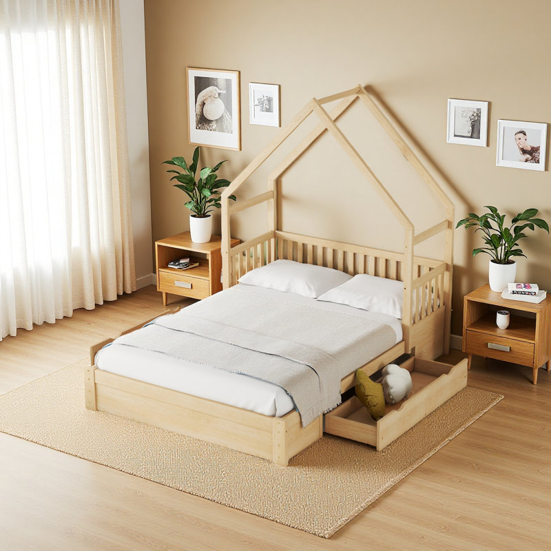 Grand lit plateforme en bois avec garde-corps et 2 tiroirs, Blanc