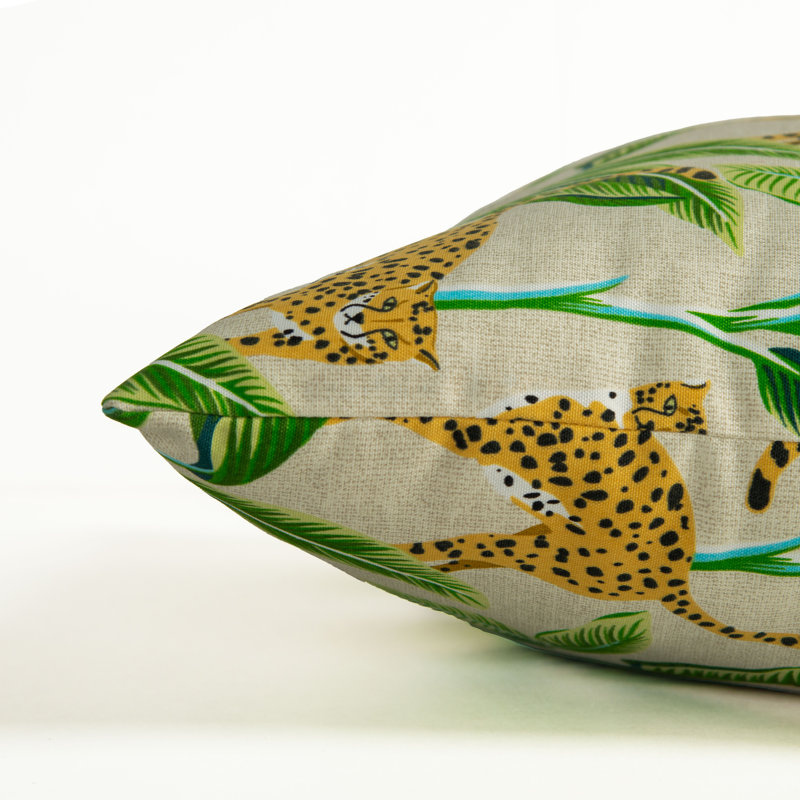 22" Beige and Green Canvas Square Throw Pillow with Cheetah Print