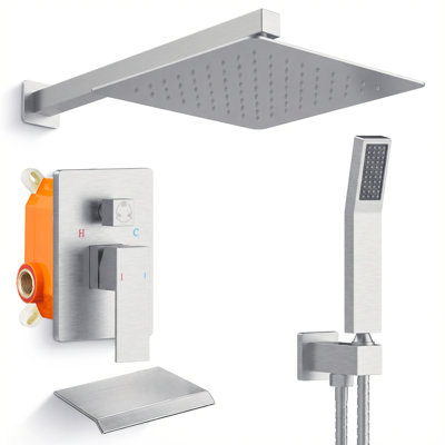 Système complet de douche à pluie 10 "avec bec de baignoire en cascade - Ensemble de robinet de douche mural en nickel brossé avec douchette et valve brute
