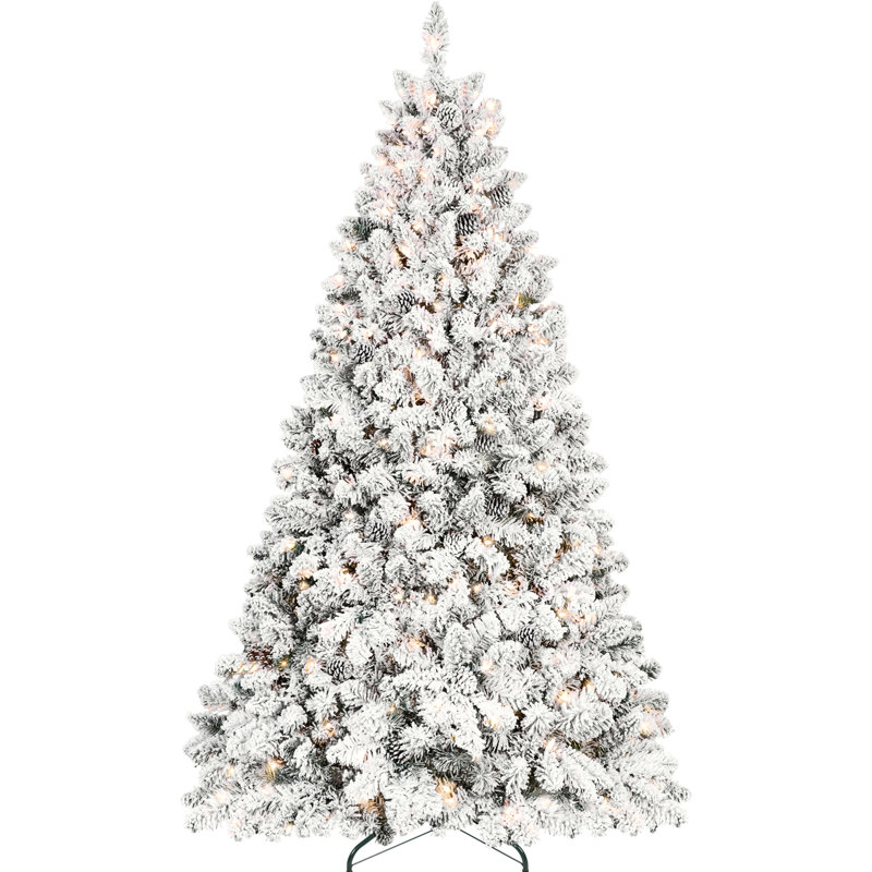 Arbre de Noël enneigé 8 pi avec 700 lumières Ul, 54 pins, pointes enneigées, structure à charnières 1754, support en métal robuste pour l'apparence des Fêtes d'hiver, feuillage véritable, design, décoration de base stable