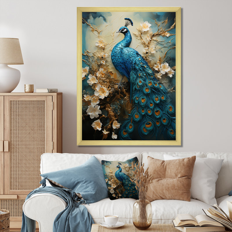 Illustration encaustique de paon d'Yvens II - paon, art mural, H 20 po x l 12 po, Black Picture Framed