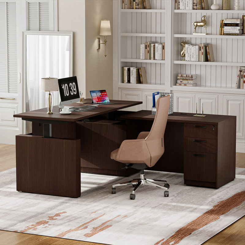 66.93" L-Shaped Height Adjustable Standing Desk With Pre-Assembled Frame and Lockable Cabinet, Brown, Right Hand Return