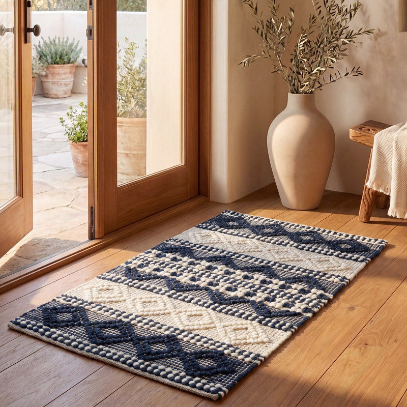 Southwestern Hand Woven Wool/Cotton Southwestern Rug, Rectangle 2' x 3', Dark Navy/Ivory
