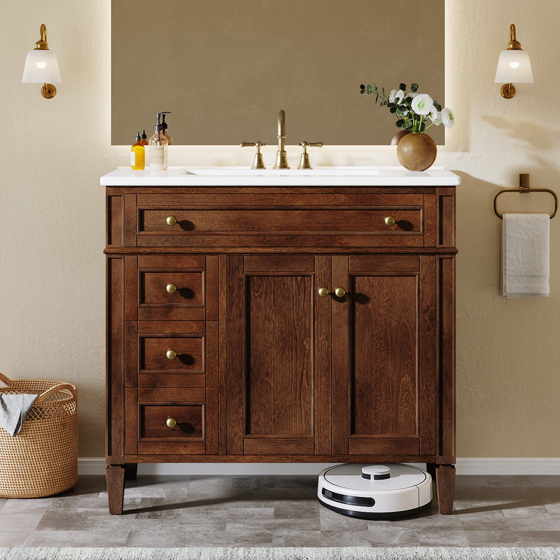 Meuble-lavabo moderne avec lavabo et rangement spacieux, 36", Brun