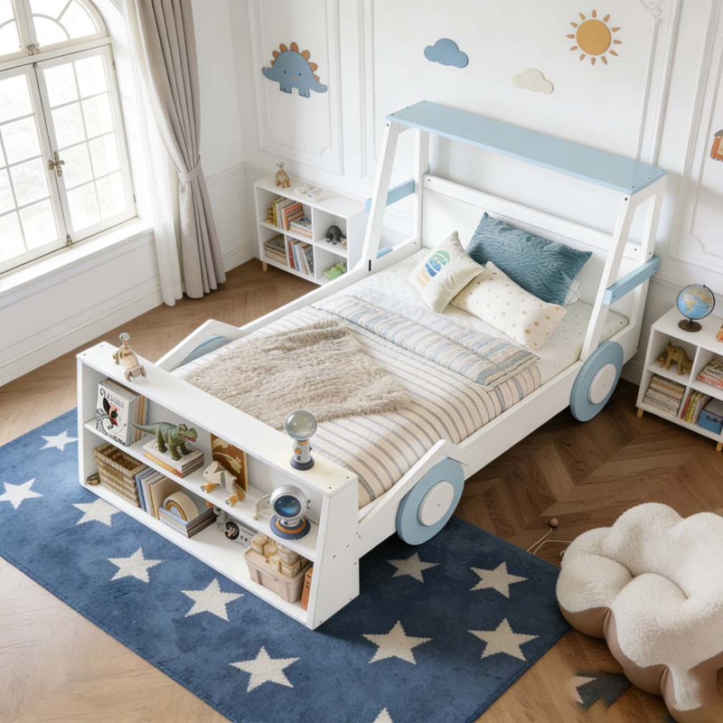 Twin Size Car Bed with Storage Shelves, Kids Platform Bed with Cute Car-shape, White+Blue