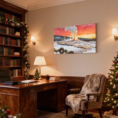 Paysage de Noël d'hiver avec ensemble de 3 impressions sur toile, Geyser and Holiday Decor
