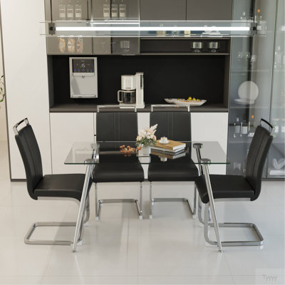 Ensemble de table de salle à manger de 51 pouces en verre pour 4 personnes, ensemble de table de salle à manger et chaises avec pieds plaqués argent pour la cuisine, plateau de table rectangulaire moderne en verre trempé et chaise de salle à manger en polyuréthane sans accoudoirs pour la salle à manger