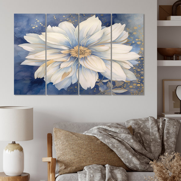 DesignArt Elegant White Chrysanthemum On Retro Blue On Canvas 4 Pieces ...