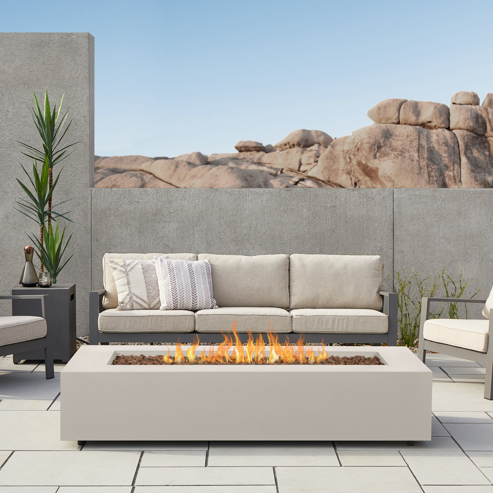 AEGEAN Propane / Natural Gas Outdoor Fire Pit Table, 14.5" H x 69.75" W x 31.75" D, Light Sand