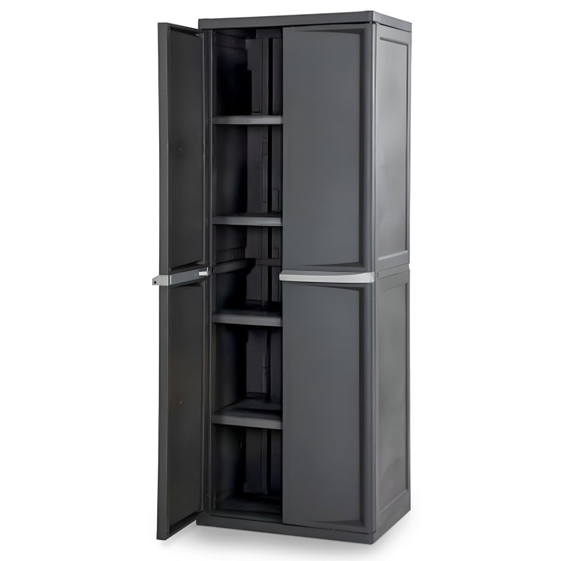 Sterilite Storage Cabinet, Rugged Plastic Garage Organizer with Double Doors, 4 Adjustable Shelves, Gray