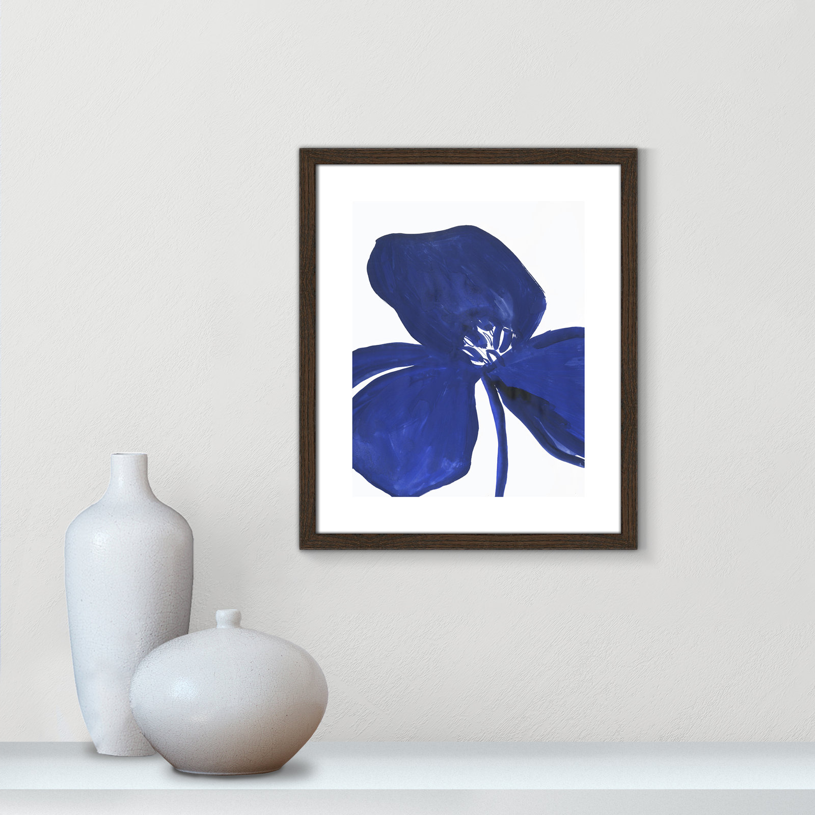 Clarisse "Indigo Petal II" Painting, Brown Framed Paper, 19" H x 16" W x 0.75" D
