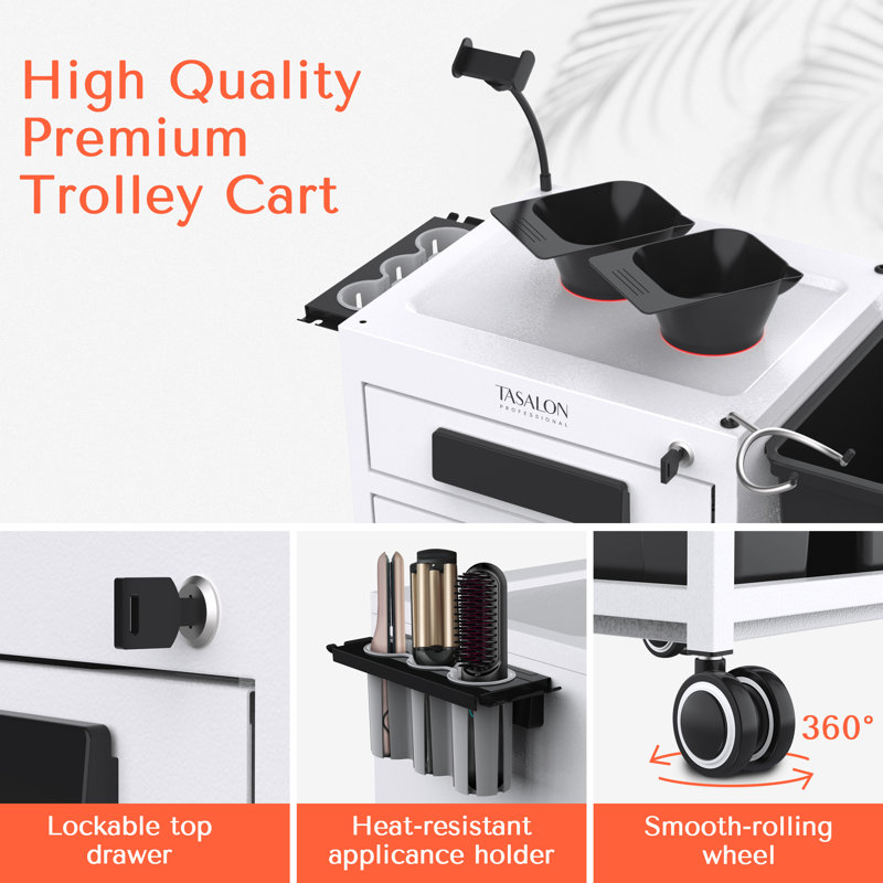 TASALON Multifunctional Utility Cart with Lockable Drawer, White