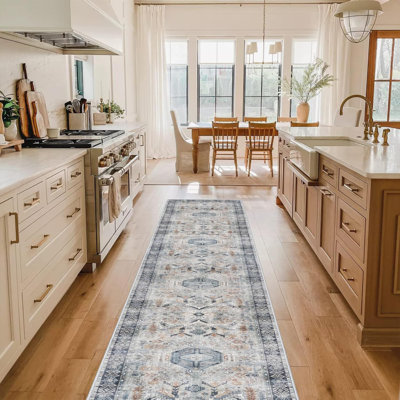 Washable Living Room Area Rug - Large Bedroom Rug Distressed Oriental Non-Slip Non-Shedding Print Floor Carpet for Dining Room Kitchen (Grey/Blue)