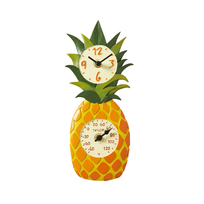 12" Pineapple Clock With Thermometer