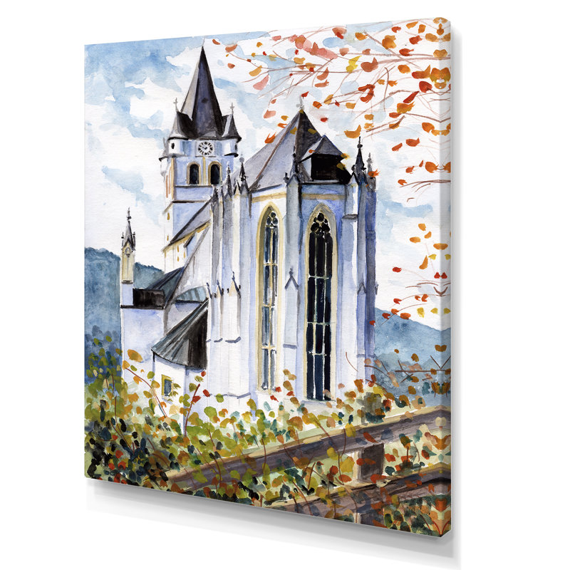 Église gothique verte - Peinture sur toile, H 32 po x l 24 po, Toile tendue