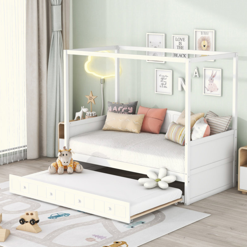Canopy Day Bed With Twin Size Trundle, White
