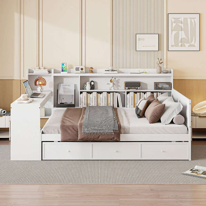 Lit de jour en bois avec 3 tiroirs, ports USB et bureau, Complet/Double