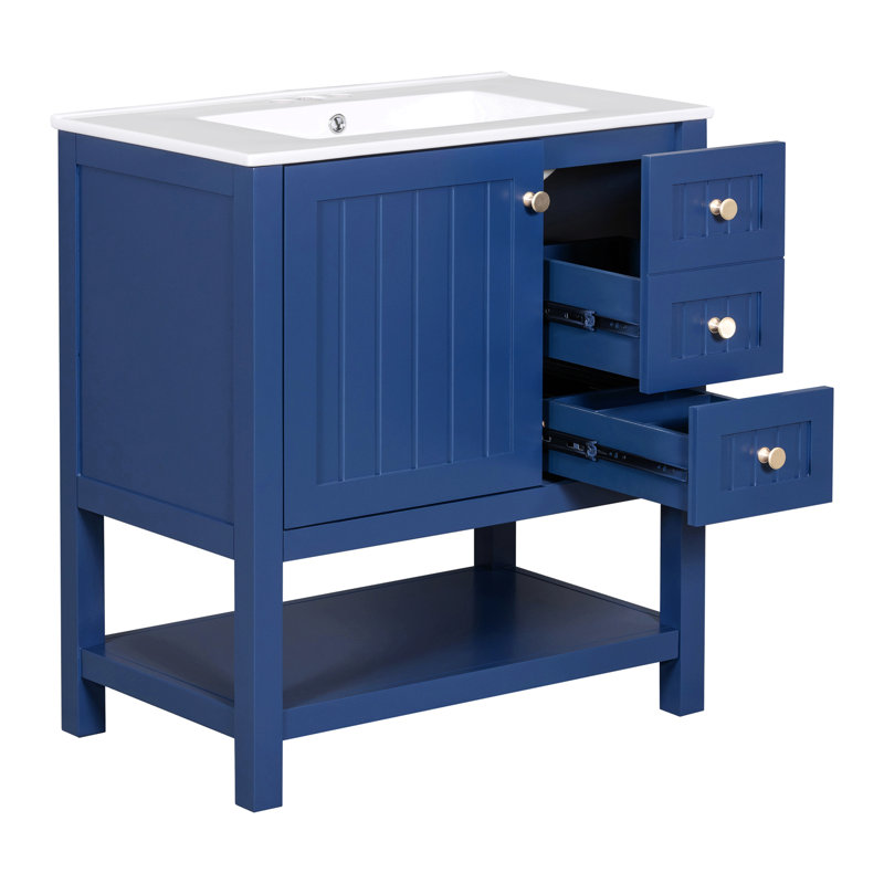 Meuble-lavabo de style transitionnel 30 po avec lavabo en céramique, Bleu