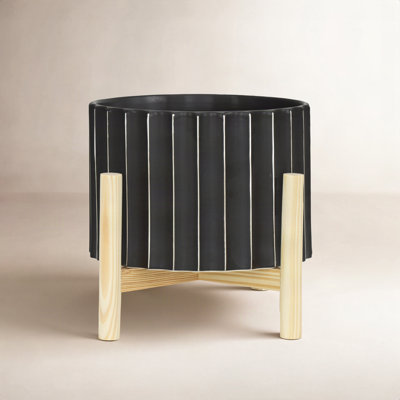 Pot à fleurs en céramique avec support - pot en grès cannelé et base en bois de pin, support à plante décoratif moderne.