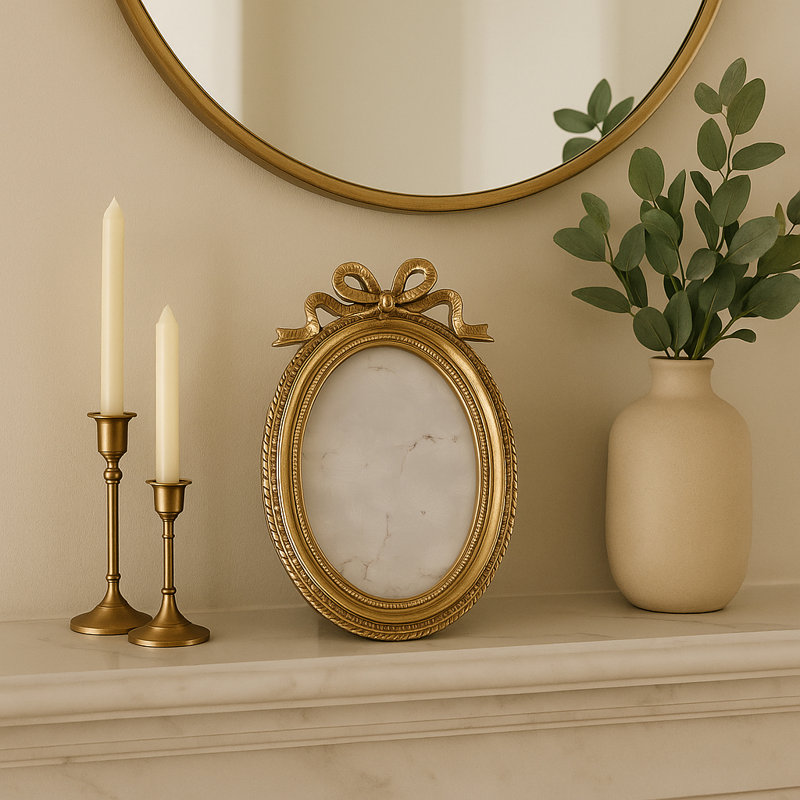 Stylish Oval Photo Frame With Bow Top Detailing - Decorative Frame For Wall Decor Accent - Display Frame For Entryway And Living Room - 8", Gold